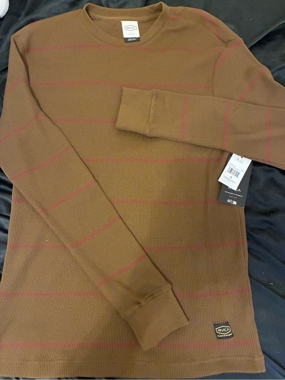 RVCA Men's Brown Thermal Crewneck Sweater with Subtle Red Stripe